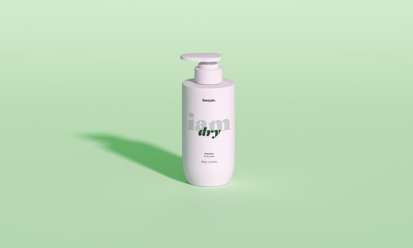 Becon I am Dry shampoo bottle on a soft green ground