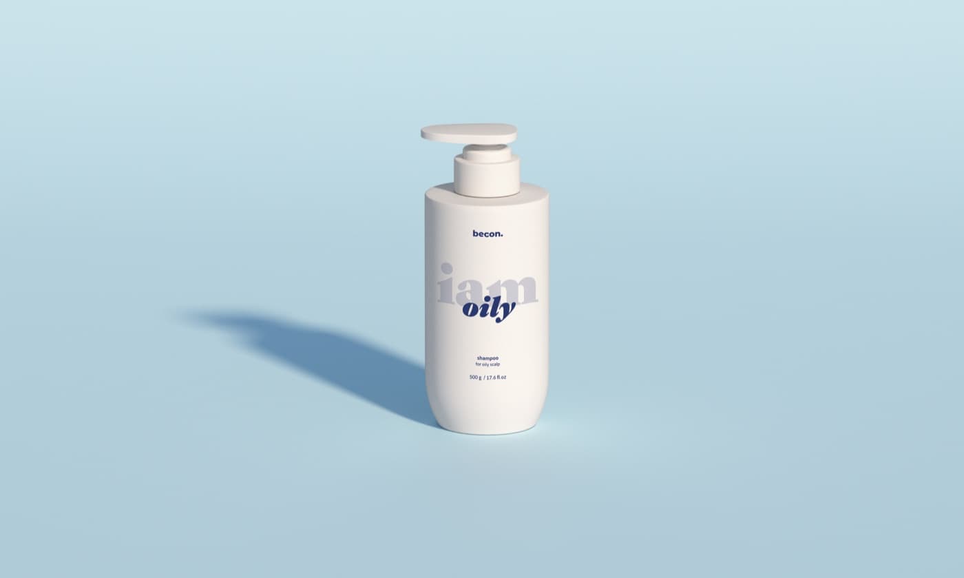Becon I am Oily shampoo bottle on a pale blue ground
