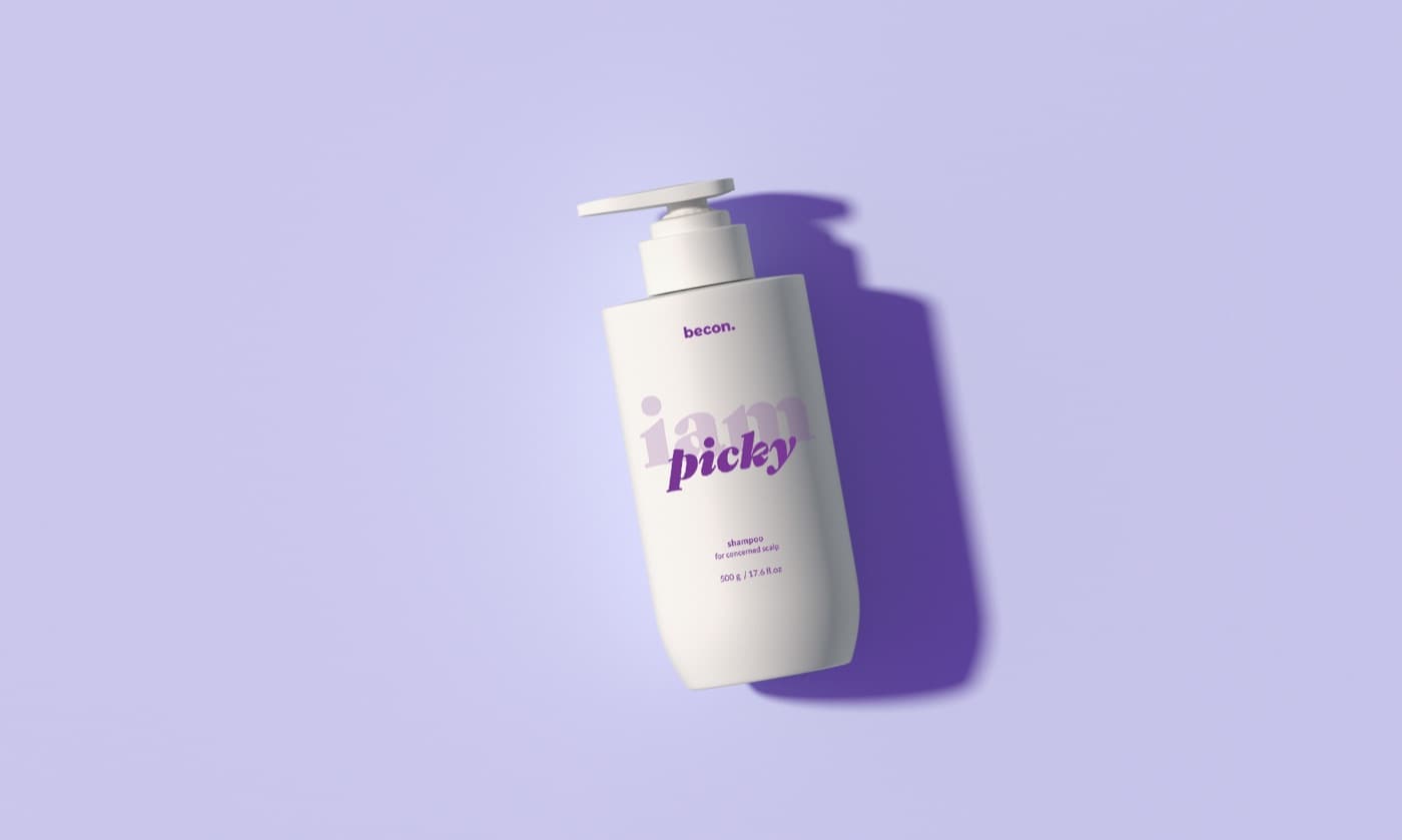 Becon I am Picky shampoo bottle on a lavender ground